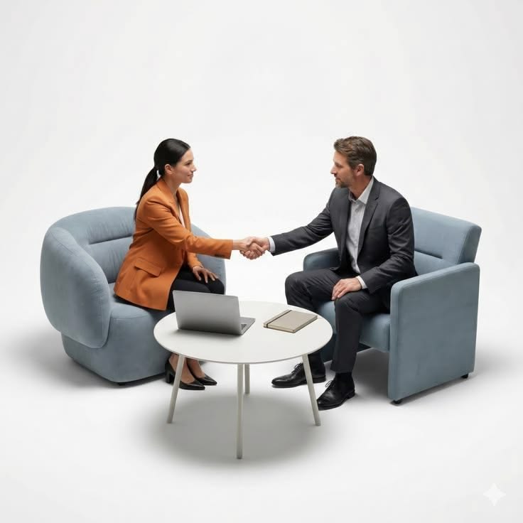 Two people meeting across a table